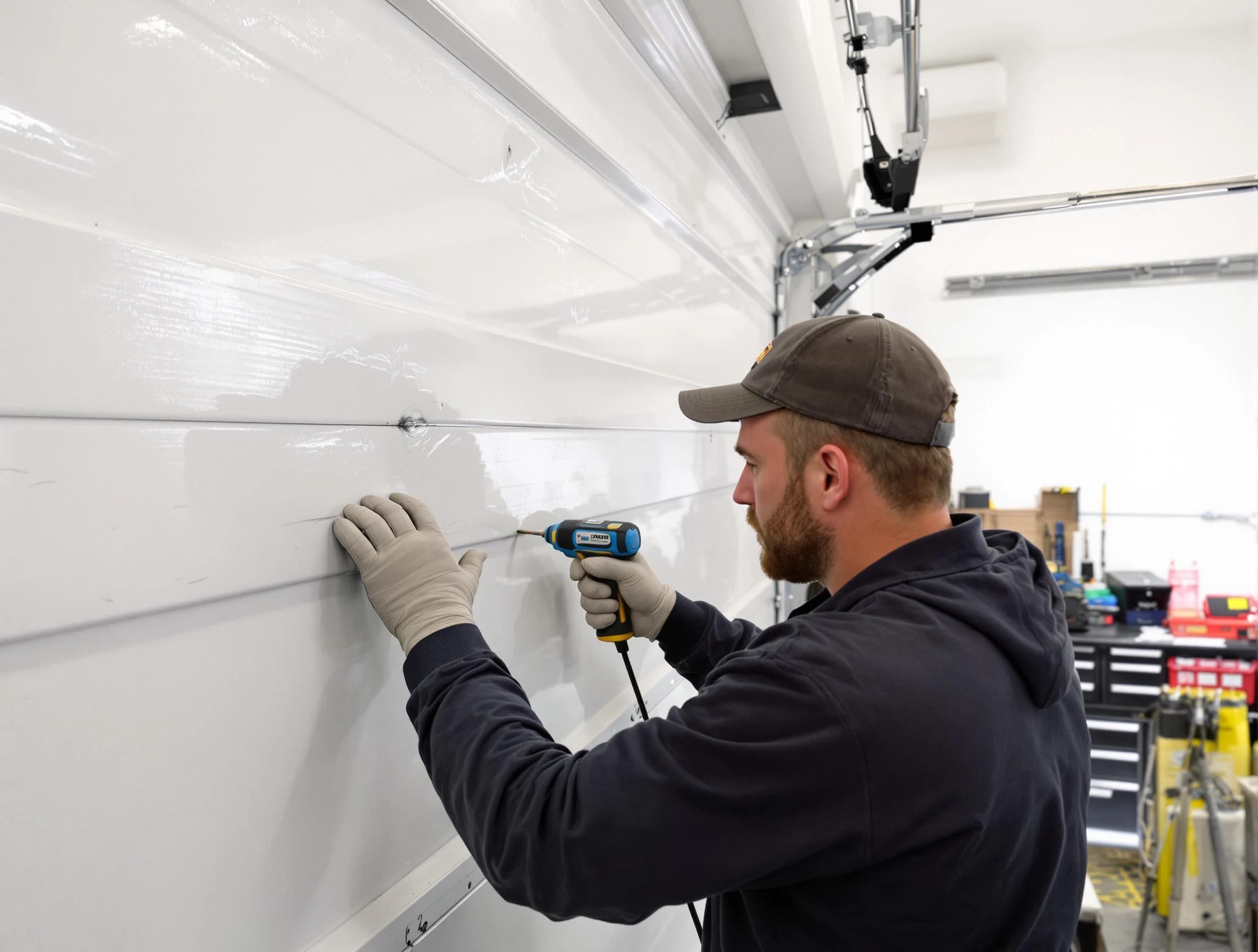 Lebanon Garage Door Repair technician demonstrating precision dent removal techniques on a Lebanon garage door